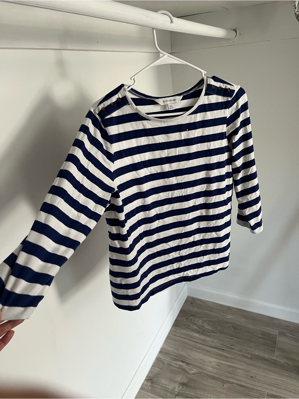 Striped Navy & White Button-Shoulder Knit Top